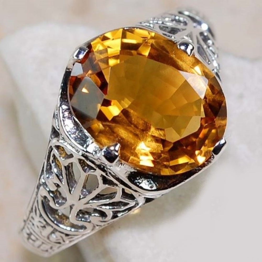2CT Citrine 925 Solid Sterling Silver Ring Sz 9